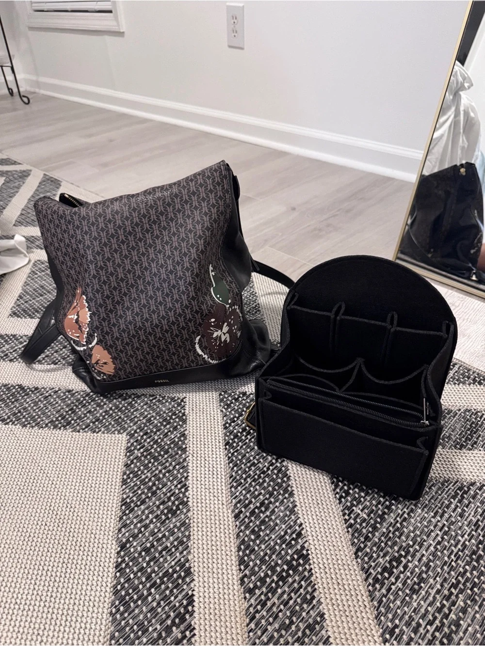 Fossil Brown Monogram Backpack with Floral Prints